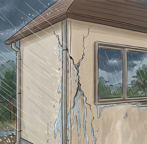 熊本市　線状降水帯などによる横殴りの大雨で外壁のひび割れから雨漏りしている